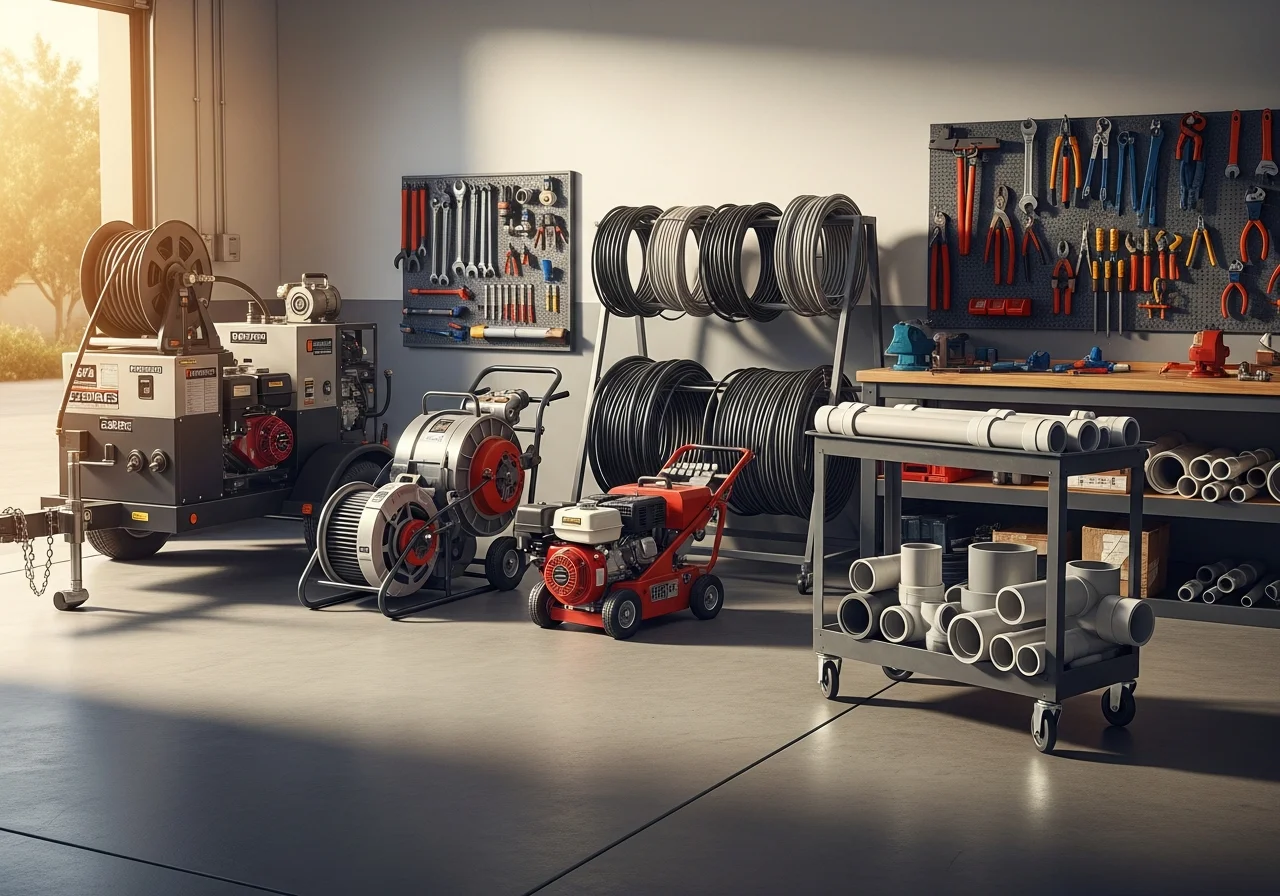 Professional plumbing crew with specialized equipment and machinery ready for sewer and drain service work.