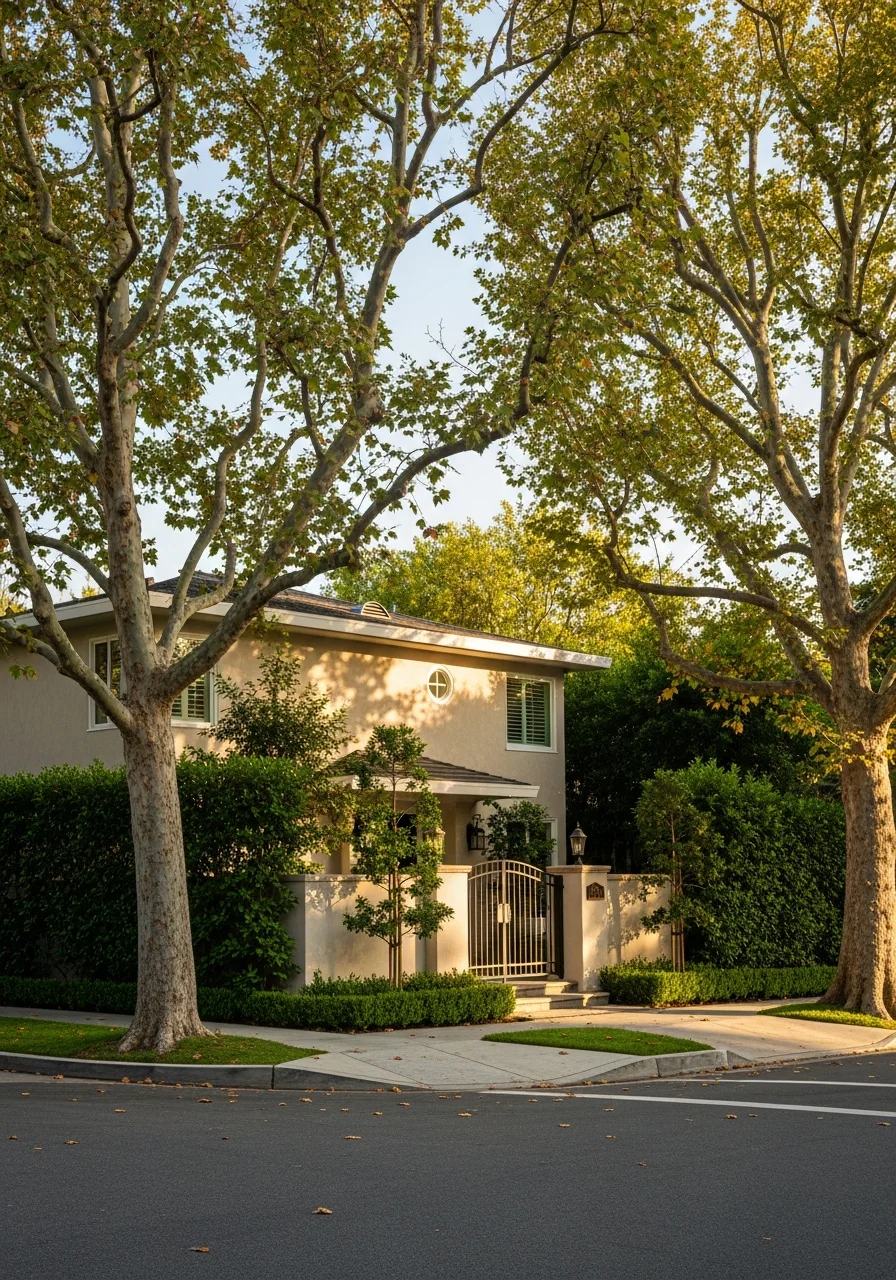 Close-up of a Toluca Lake home's front entrance with mature trees and professional landscaping detail.