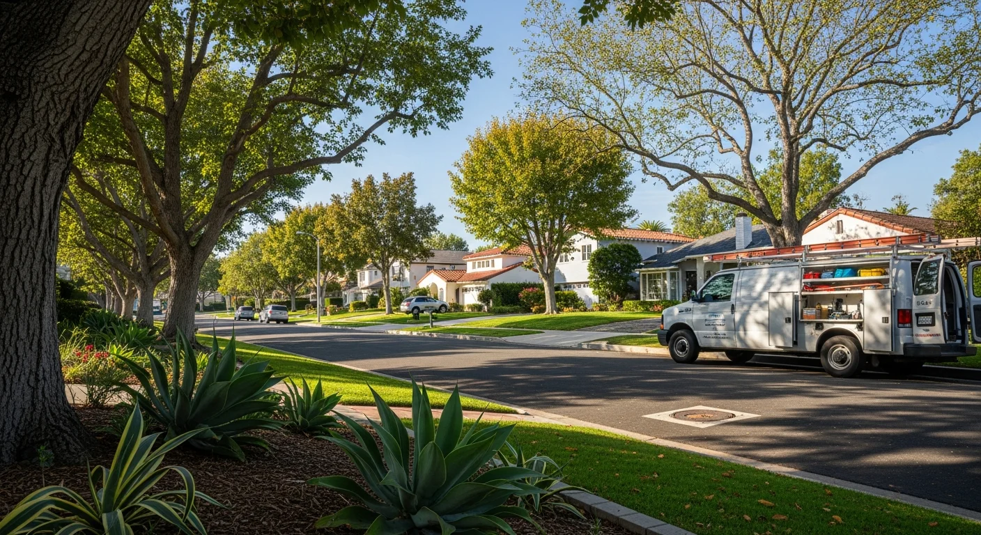 Tree-lined residential street in Toluca Lake with well-maintained homes and manicured landscaping.