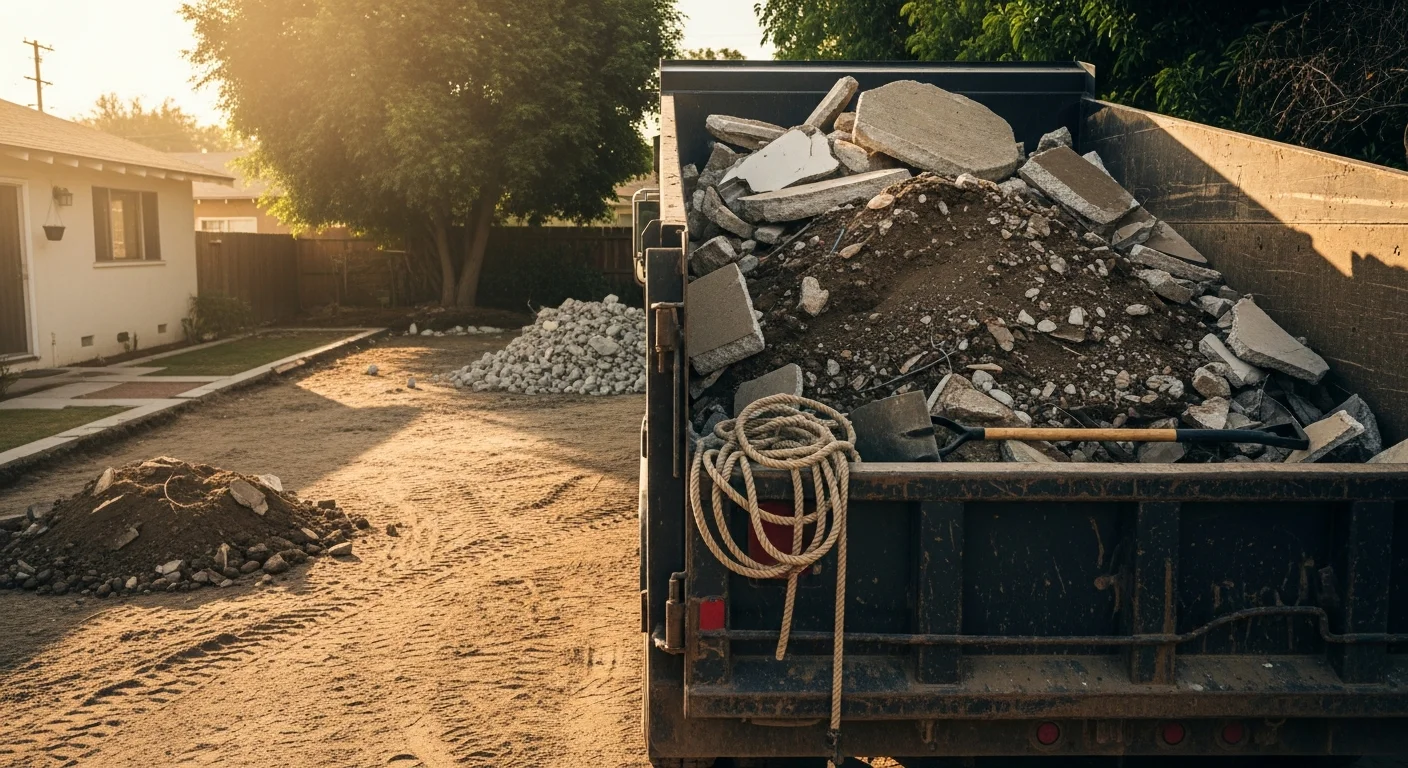 A cleared excavation site on a residential property in Toluca Lake, with spoil soil and broken concrete loaded into a debris haul truck. The surrounding lot is clean and ready for the next phase of site work.