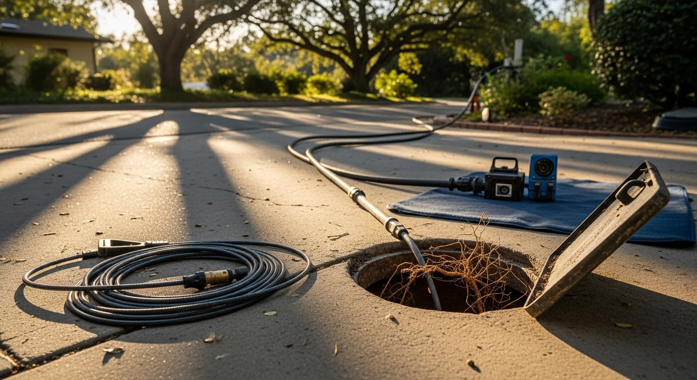 A plumber using a drain snake to clear a blocked kitchen sink drain inside a Toluca Lake home with older plumbing. The drain line runs clear after the blockage is removed.