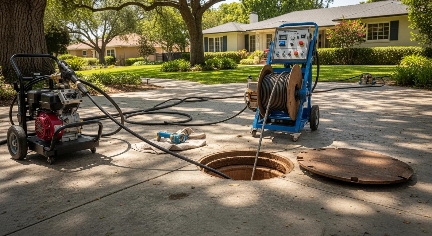 A plumber feeding a mechanical rooter cable into a sewer cleanout access point in the yard of a mid-century residential property in Toluca Lake. The surrounding mature trees and older home exterior are visible in the background.