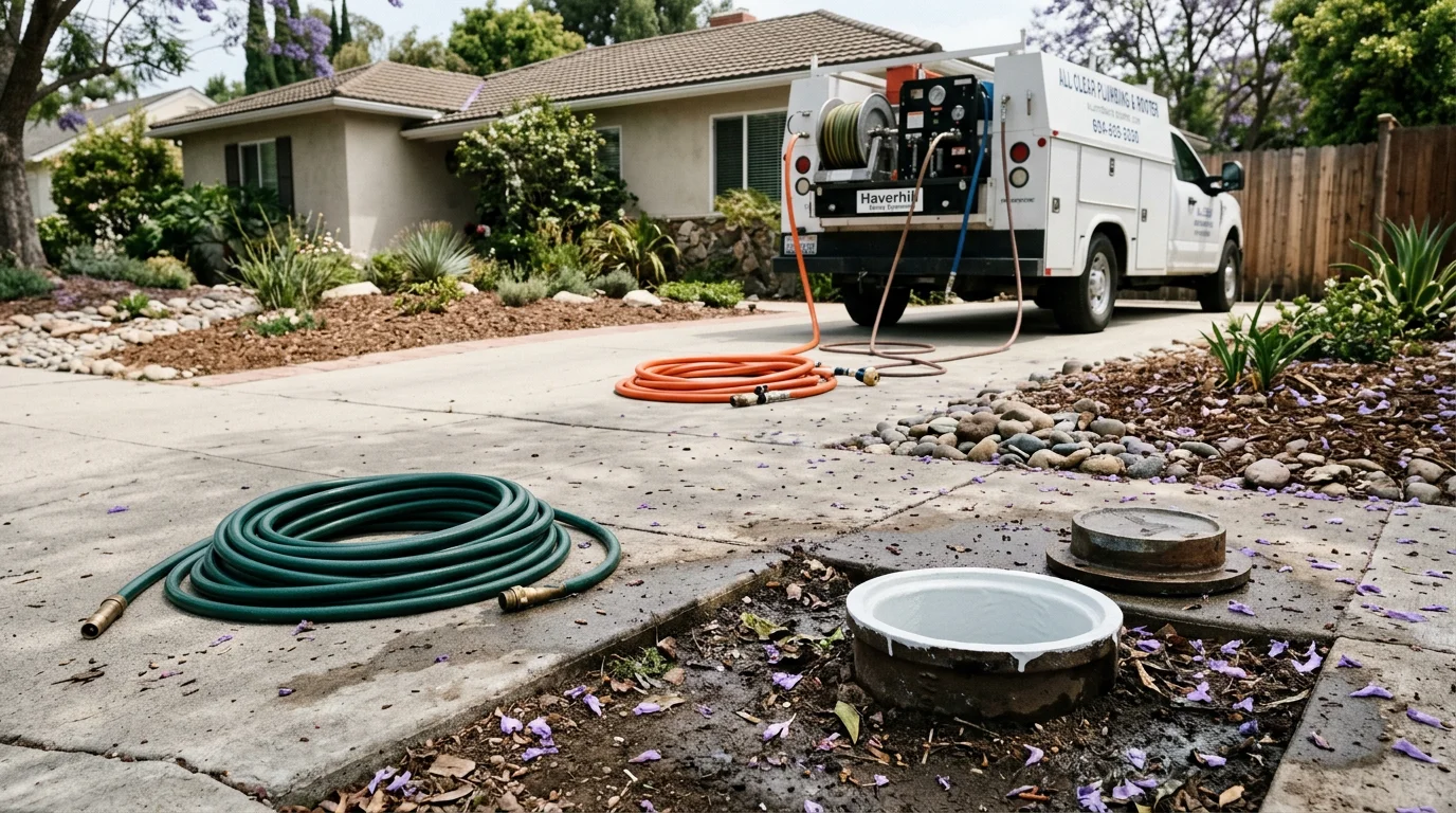 Close-up view of a freshly epoxy-coated pipe interior showing a smooth, sealed surface inside an older drain line at a Toluca Lake residential property. A licensed plumber from All Clear Plumbing and Rooter prepares in-house equipment for the coating application.