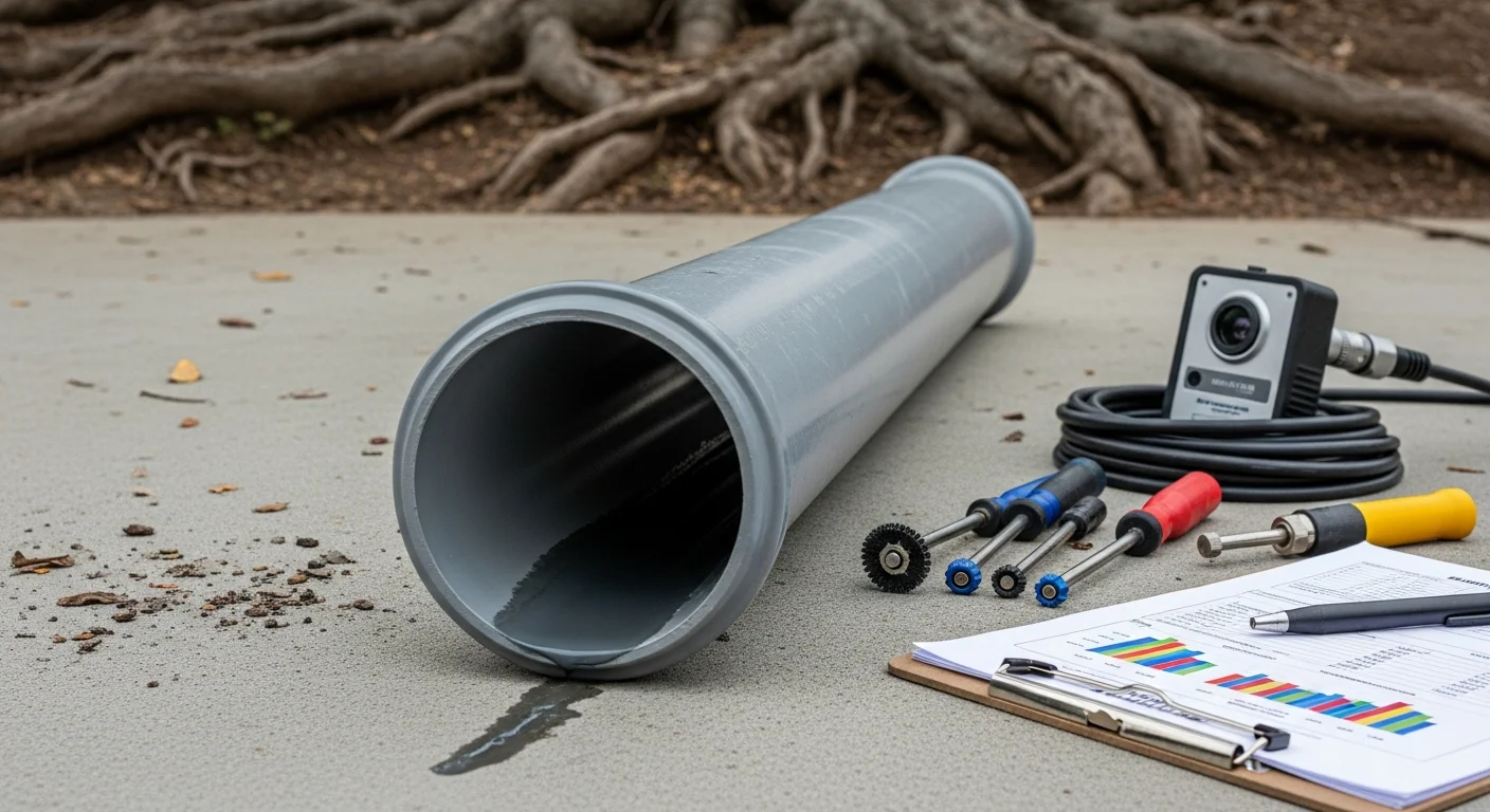 A sewer technician reviewing a pipe camera monitor outside a Toluca Lake home, with an access cleanout visible in the foreground. The image shows the inspection step before epoxy pipe coating is applied to an aging residential sewer line.