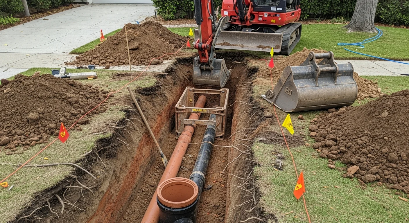 An open excavation trench alongside a residential property in Toluca Lake, exposing an underground sewer line for repair. A crew member inspects the exposed pipe while excavated soil is staged neatly to the side of the dig site.