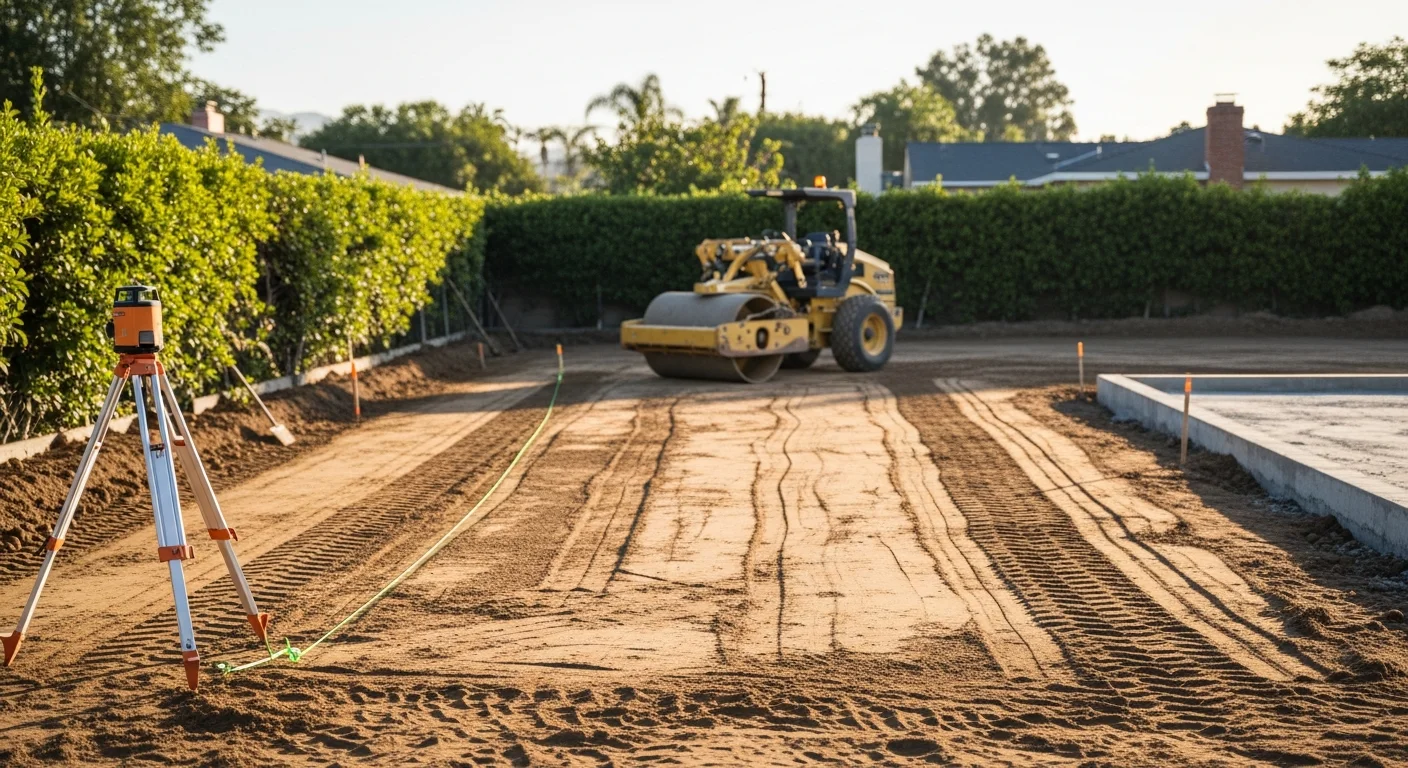 A freshly graded and leveled residential yard in Toluca Lake, California, with smooth compacted soil sloping away from the home's foundation. Excavation equipment is visible in the background on a clear day in the San Fernando Valley.