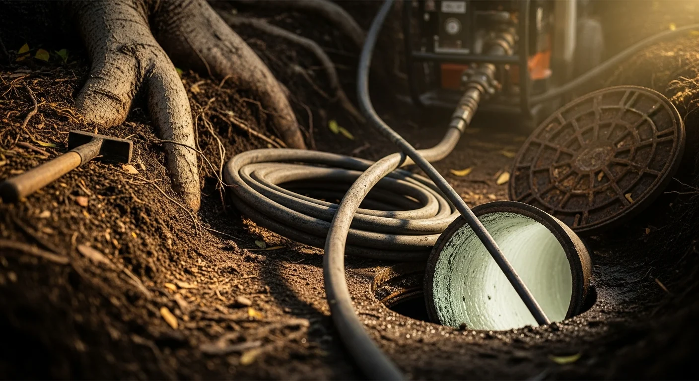 A plumber feeding a hydro jetting hose into a sewer cleanout access point at a residential property in Toluca Lake. The surrounding yard shows mature trees typical of the neighborhood's older landscaping.