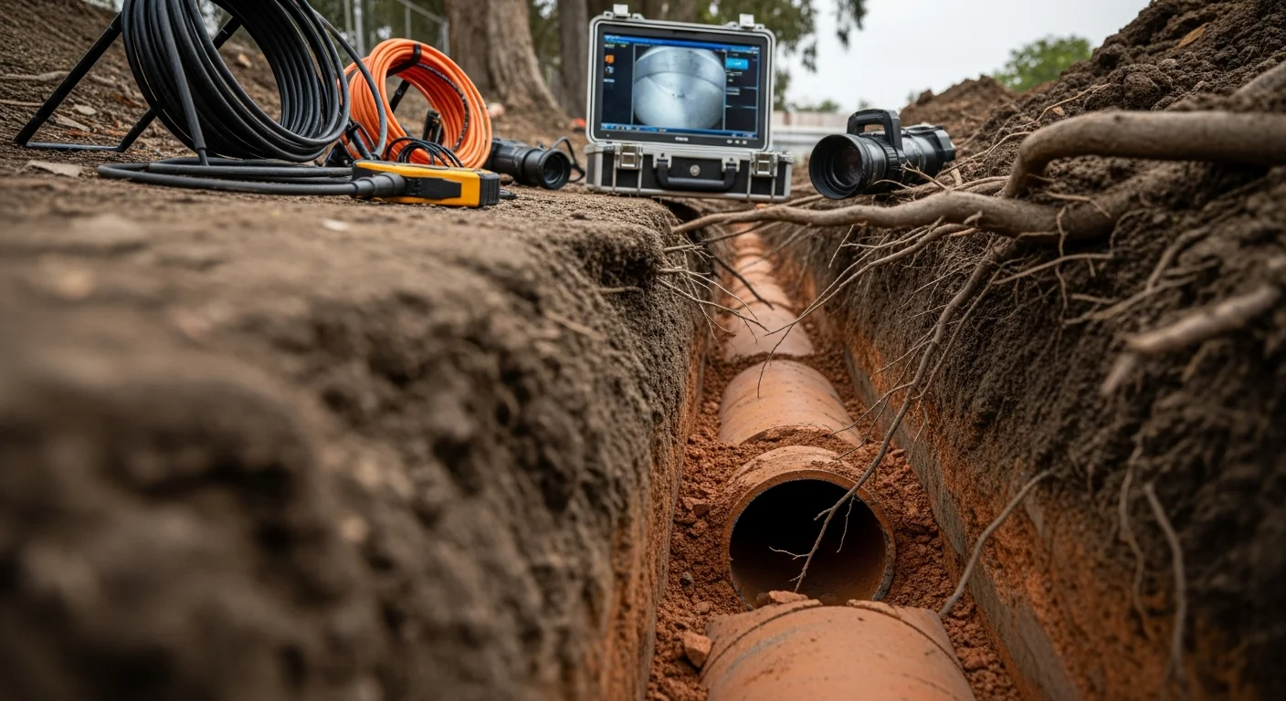 A sewer technician reviewing a camera inspection monitor beside an open cleanout access point in a Toluca Lake residential yard. The screen shows the interior of an aging clay lateral pipe with visible root intrusion and cracking.