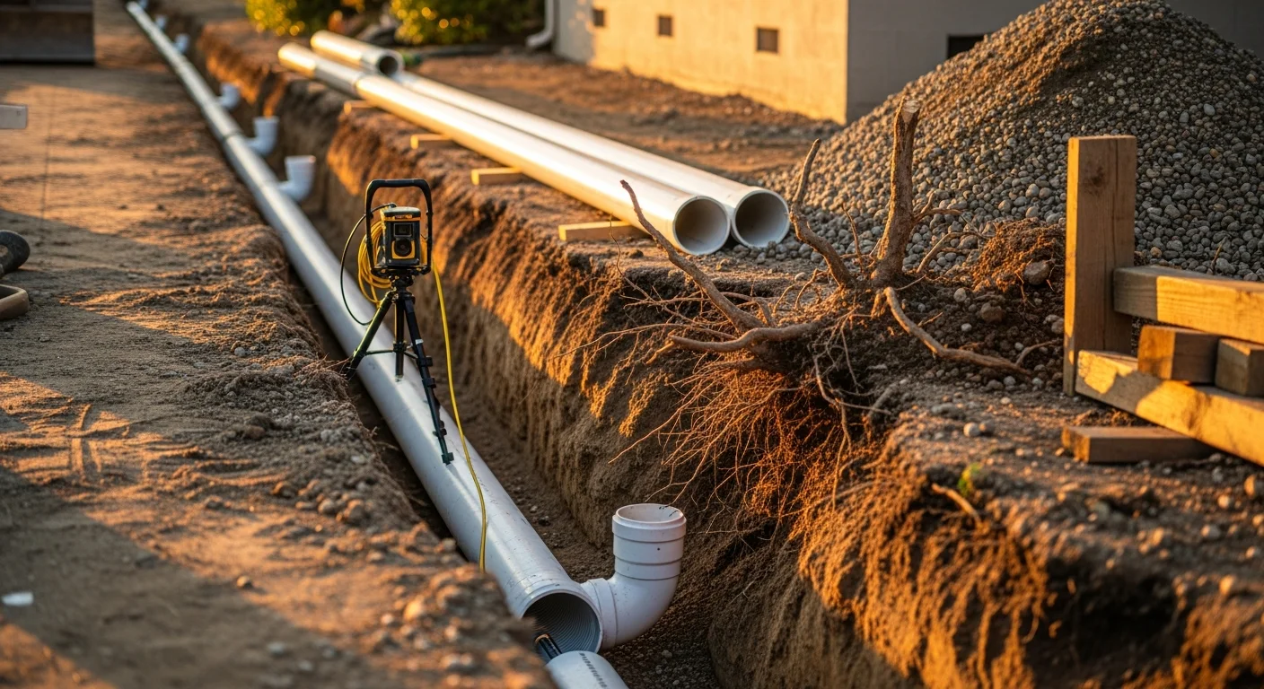 A freshly excavated trench in a Toluca Lake residential yard showing a new sewer lateral pipe laid in prepared bedding before backfill. A plumber inspects the pipe slope and connection point ahead of the inspection.