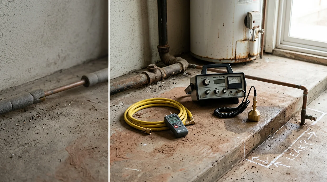 A plumber using electronic leak detection equipment to locate a hidden pipe leak beneath the floor of a Toluca Lake residential home. The technician is kneeling near the slab with detection gear in hand, with no visible wall or floor damage.