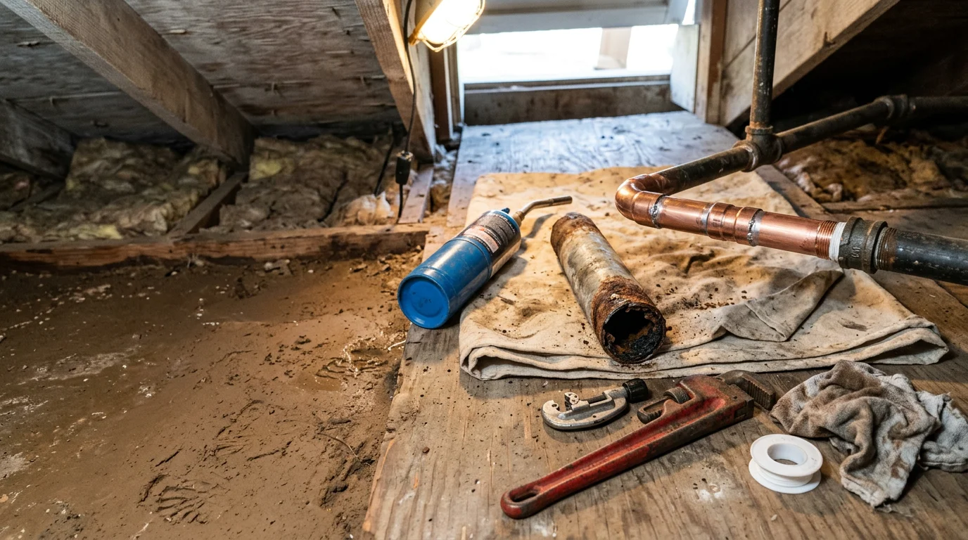 A licensed plumber from All Clear Plumbing & Rooter repairing a corroded pipe section inside a Toluca Lake home. The work area shows exposed aging galvanized pipe being replaced with new pipe material under a residential sink.