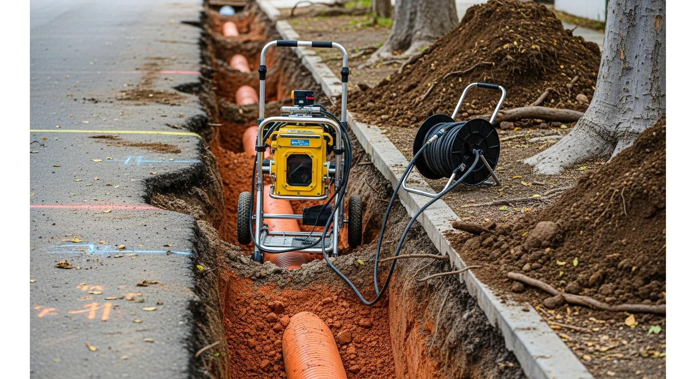 A Toluca Lake residential property with an open lateral sewer trench exposing cracked clay pipe sections near the street. A plumber reviews camera inspection footage on a monitor beside the excavation site.