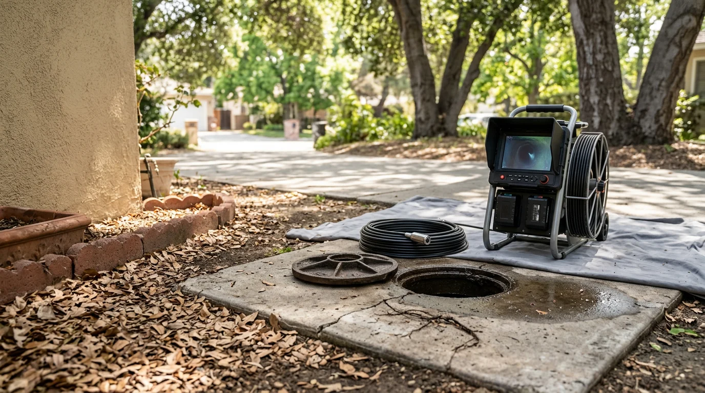 A plumbing technician reviewing live sewer camera footage on a monitor outside a Toluca Lake residential property. The camera is inserted into an aging sewer line typical of mid-century homes in the neighborhood.
