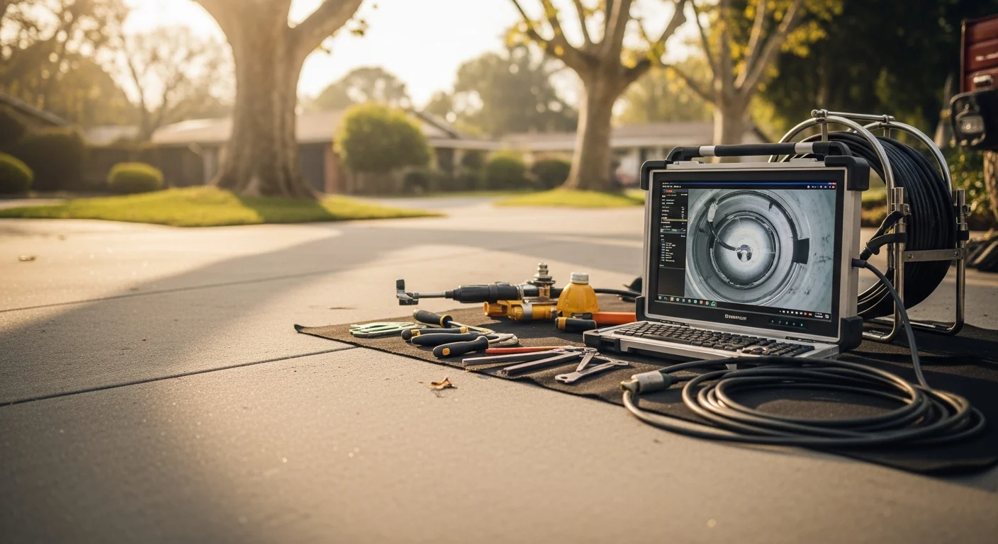 A plumbing technician reviewing live sewer camera footage on a monitor outside a Toluca Lake residential property. The screen displays the interior of an aging clay sewer pipe with visible root intrusion and joint separation.