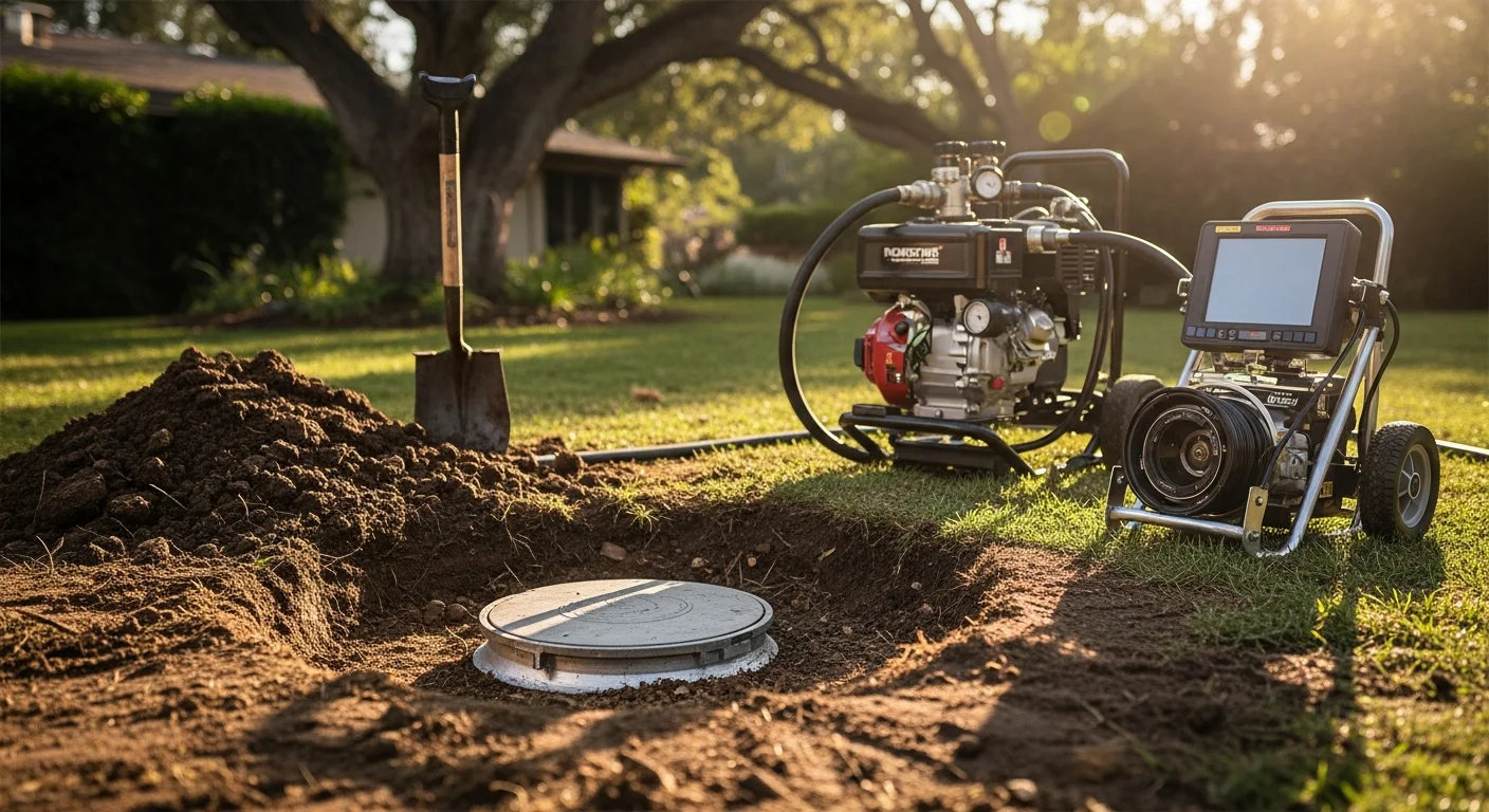 A licensed plumber from All Clear Plumbing & Rooter installs a new sewer clean-out access pipe near the foundation of a mid-century Toluca Lake home. The capped vertical pipe sits flush with the ground alongside established landscaping.
