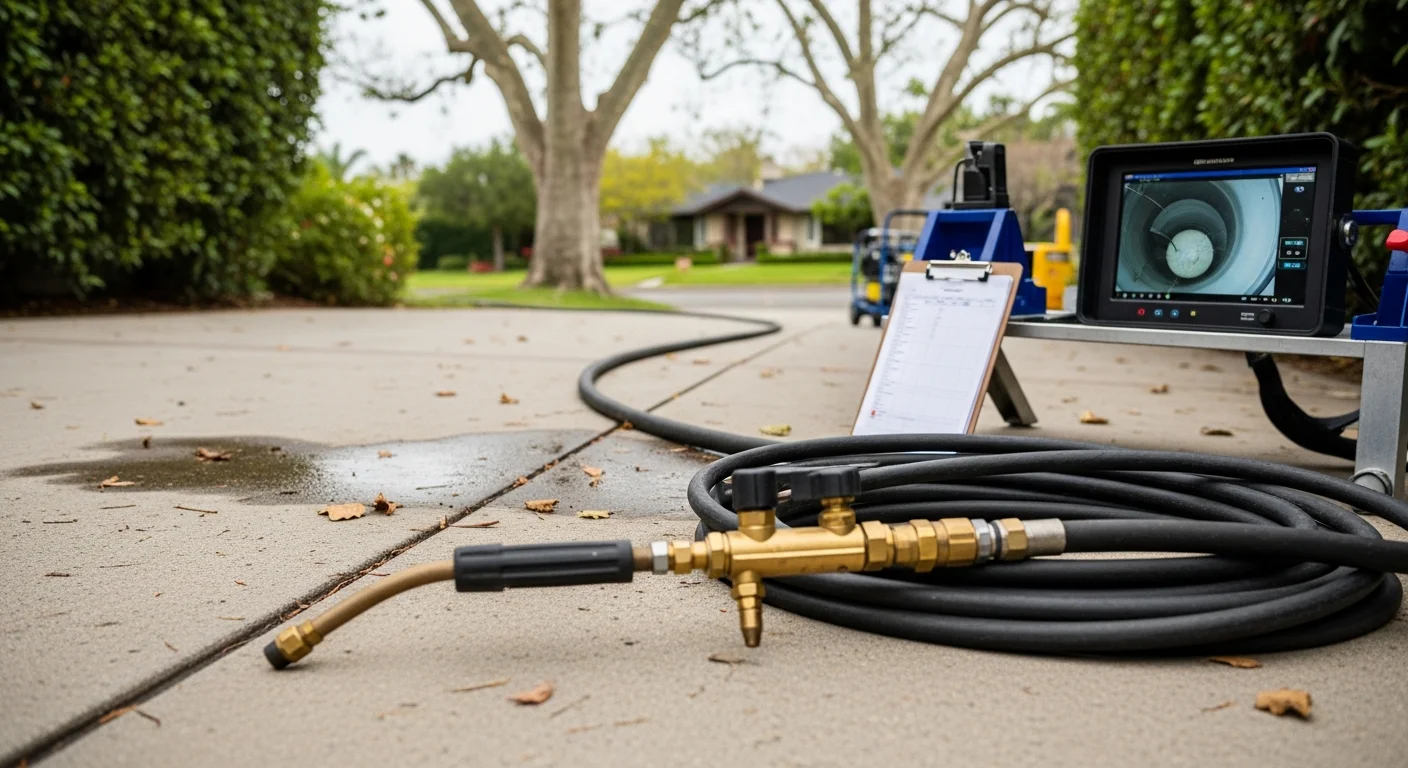 A plumber feeds a high-pressure jetting hose into a sewer cleanout access point at a residential property in Toluca Lake. The surrounding yard shows mature tree roots near the pipe access area, typical of older homes in the neighborhood.
