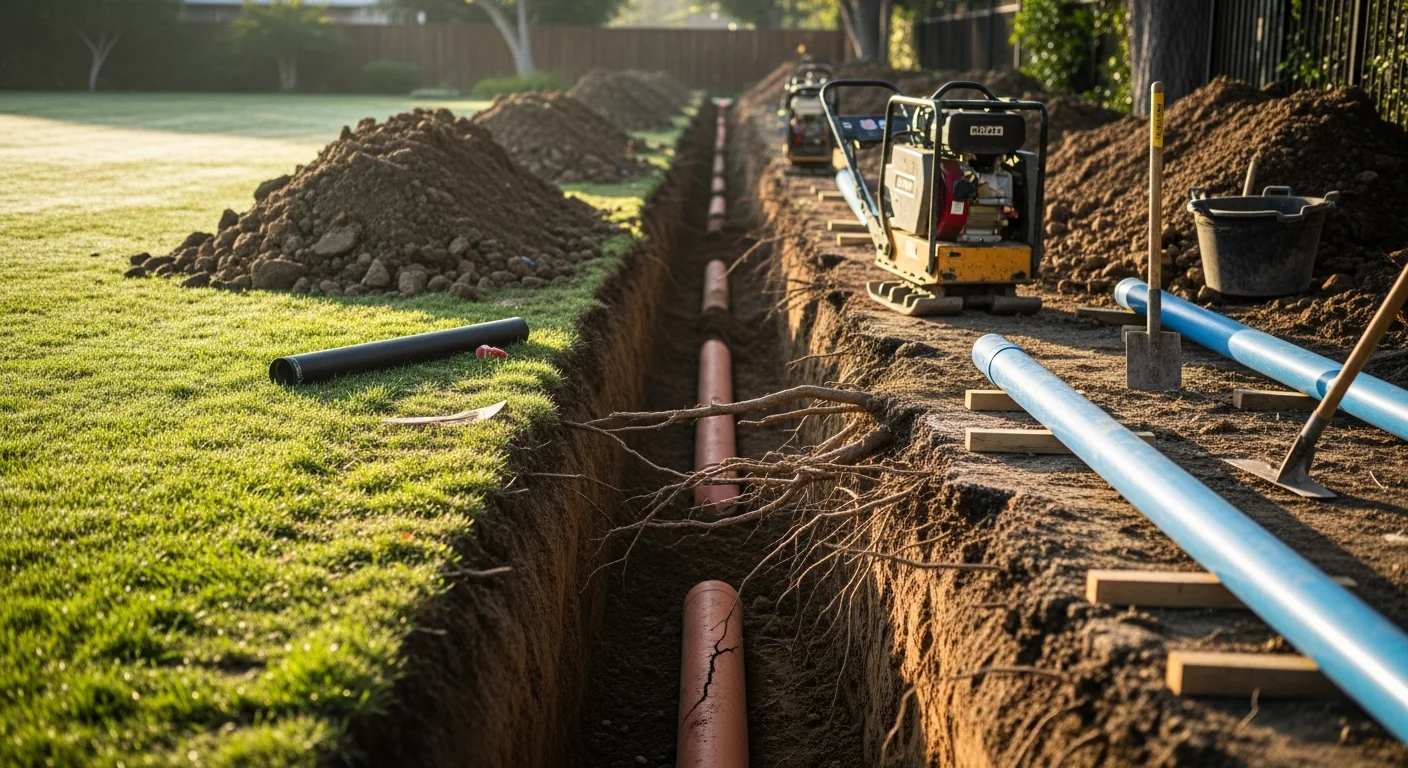 A plumber from All Clear Plumbing & Rooter inspecting an excavated sewer trench at a Toluca Lake residential property, with a section of old clay pipe exposed next to a new replacement line ready for installation.