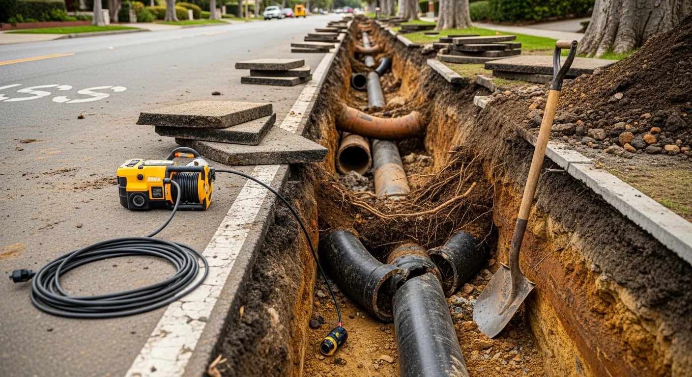 A sewer street repair crew in Toluca Lake opening a controlled trench cut in a residential street to access a damaged sewer line beneath the pavement. The surrounding curb and parkway area remain intact while the repair section is clearly marked and contained.