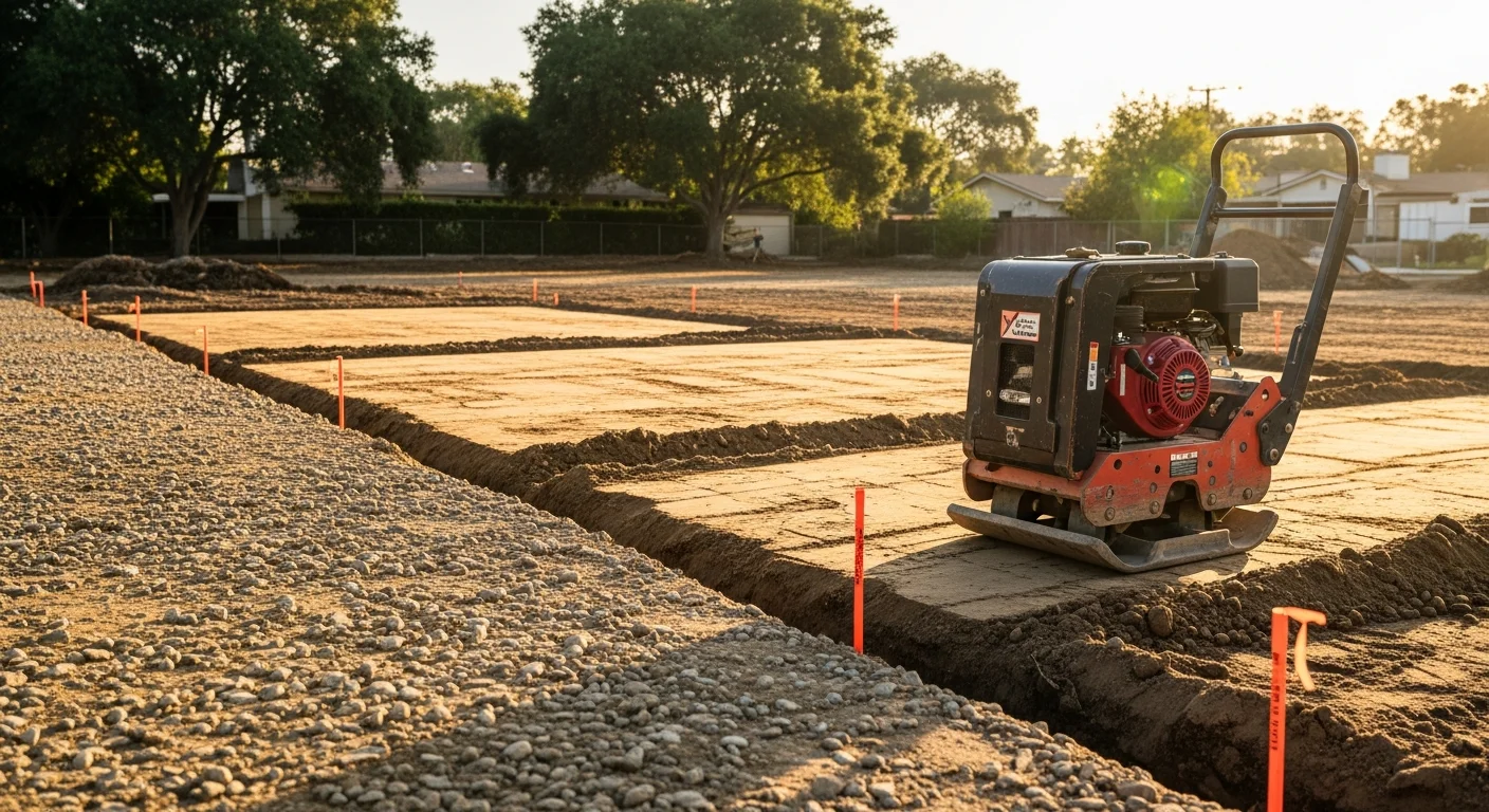 A Toluca Lake residential lot with freshly graded and compacted soil, cleared of debris and ready for foundation excavation. An excavator is positioned on level ground alongside a single-family property in the San Fernando Valley.