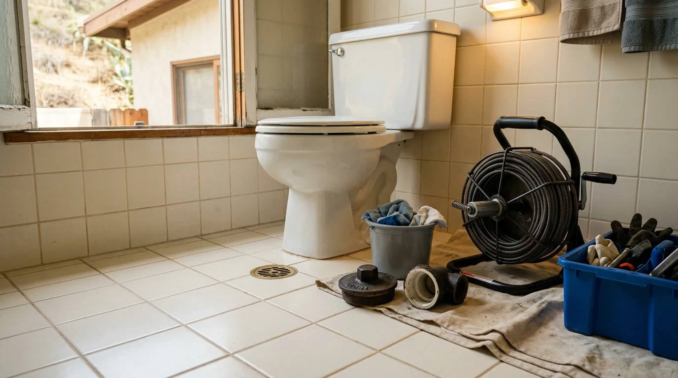 A licensed plumber using a drain auger to clear a toilet stoppage in a residential bathroom in Toluca Lake, California. The toilet is fully accessible and the plumber is working at the base of the bowl to remove a blockage in the drain line.