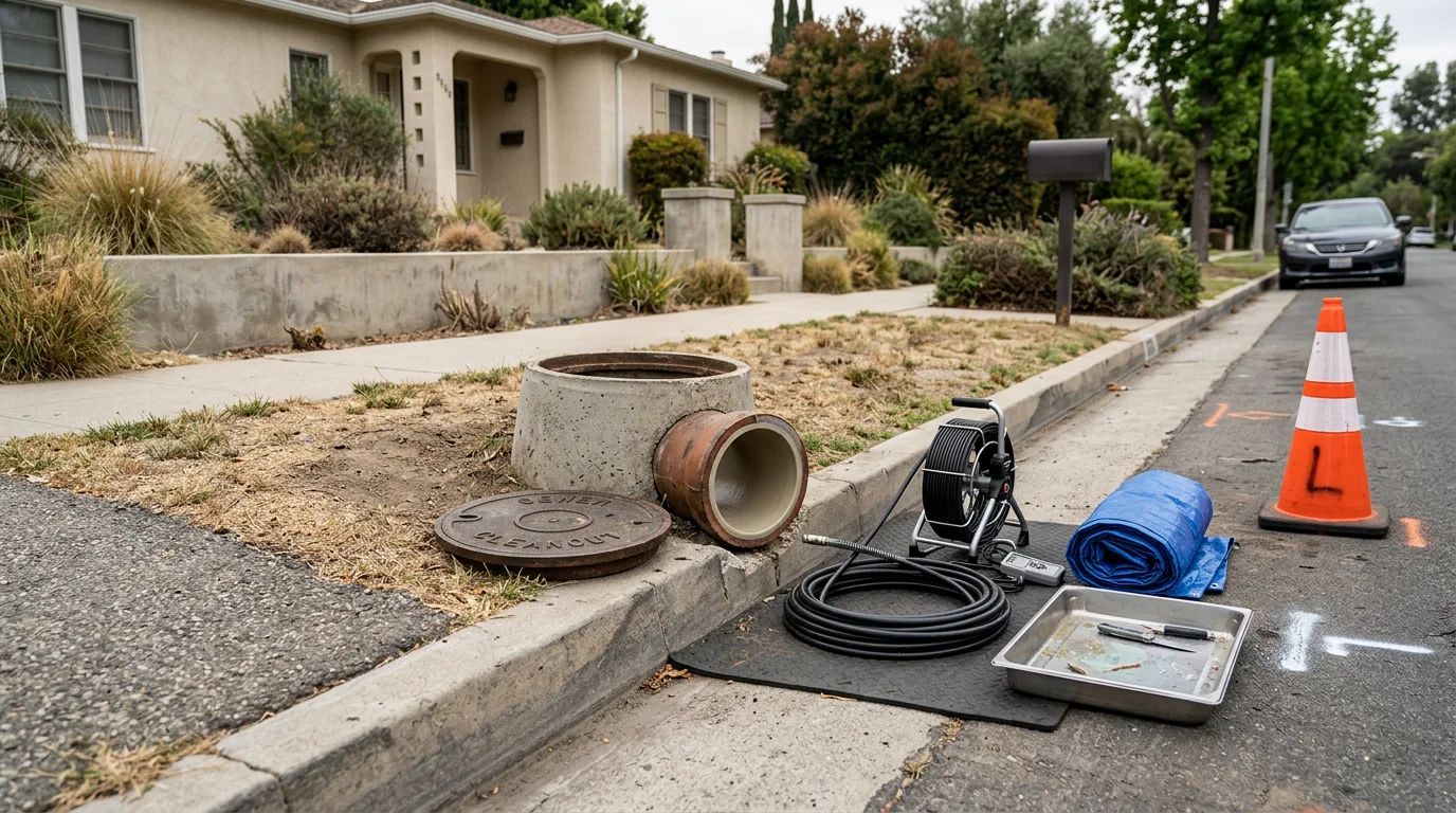 A plumber from All Clear Plumbing & Rooter reviewing a sewer camera feed at a Toluca Lake property before a top hat lateral connection lining repair. The monitor displays the interior of an aging sewer saddle joint at the city main connection point.