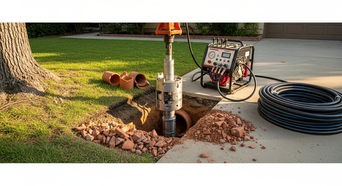 A Toluca Lake residential yard showing small access pits at each end of a sewer line repair, with no trench dug across the lawn. All Clear Plumbing & Rooter technician operating hydraulic pipe bursting equipment at the access point.