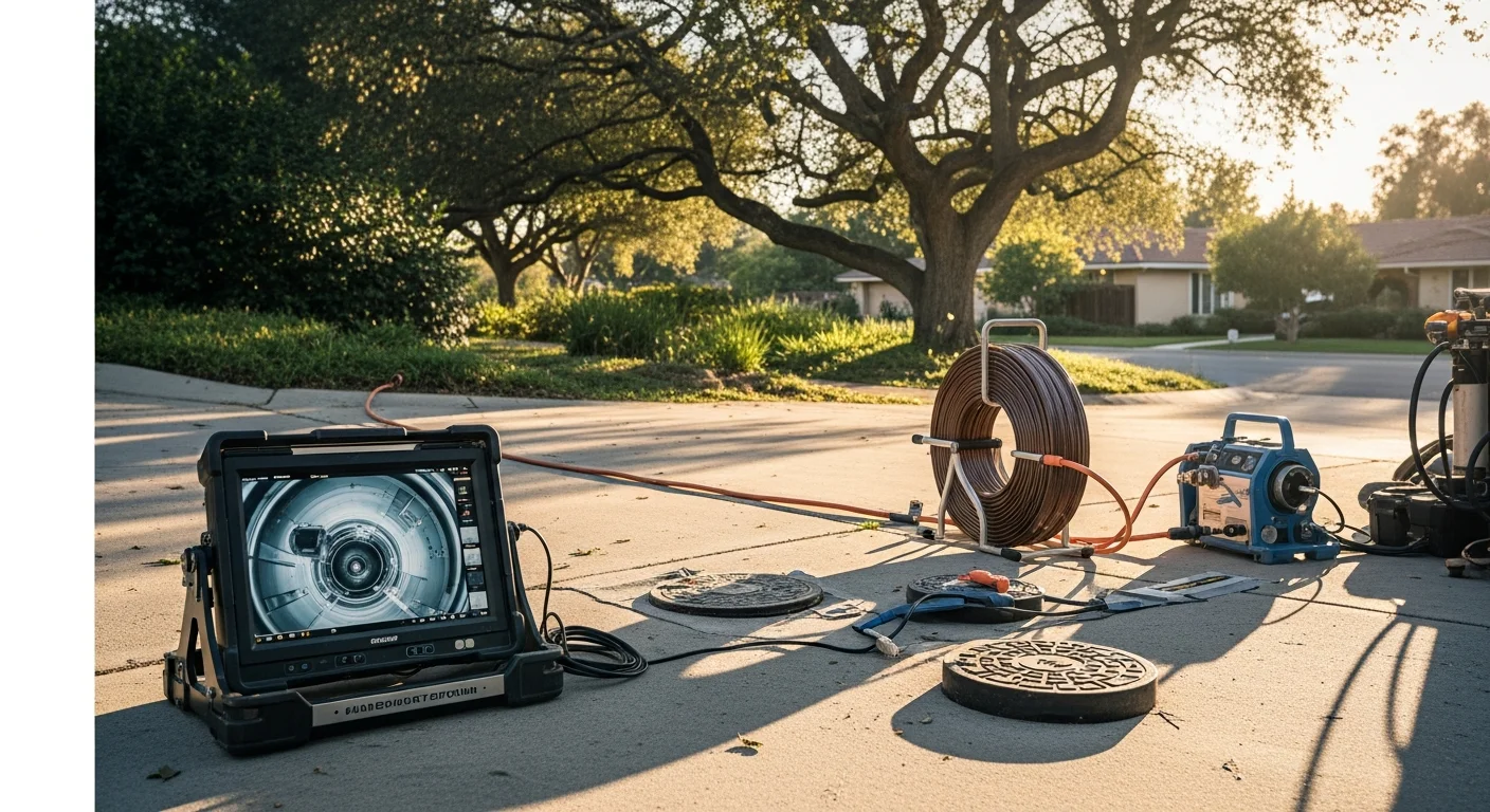 A plumber from All Clear Plumbing & Rooter feeding a resin-saturated liner into a residential sewer cleanout in Toluca Lake. The surrounding yard and driveway remain undisturbed with no open trench visible.