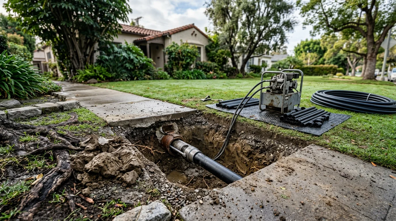 A plumber operating hydraulic pipe bursting equipment at a residential property in Toluca Lake, with two small access pits visible and mature trees and landscaping left undisturbed in the background. The setup shows in-house trenchless sewer line replacement in progress on a single-family home.