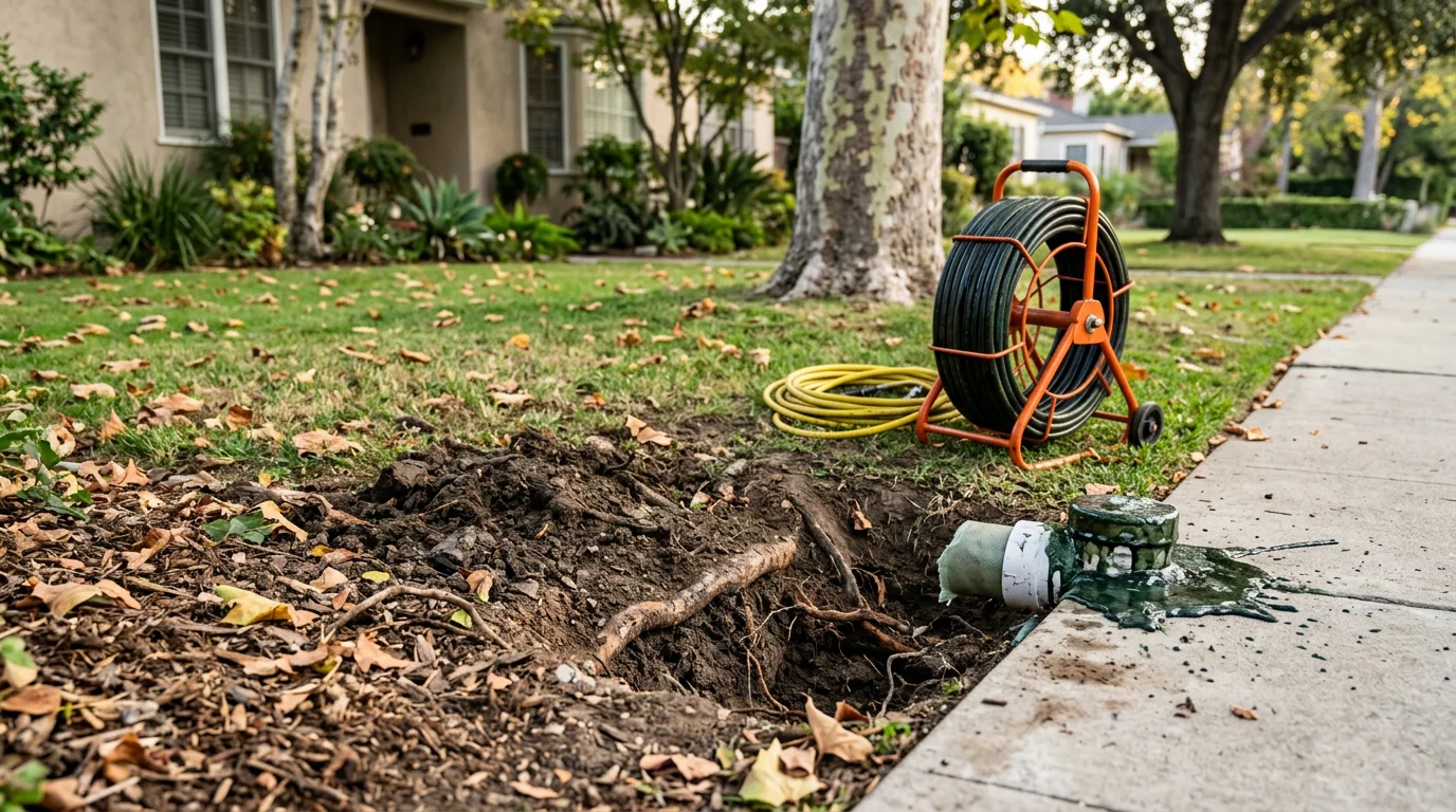 A plumber from All Clear Plumbing & Rooter feeds a resin-saturated liner into a sewer access point at a Toluca Lake residential property. The surrounding lawn and driveway remain fully intact with no trenching or excavation visible.