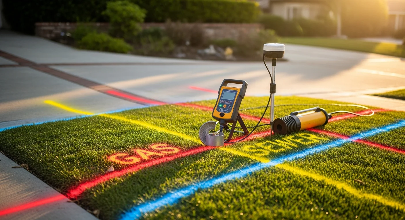 A utility locating technician using ground penetrating radar equipment to scan and mark buried underground lines on a residential property in Toluca Lake before excavation work begins. Colored flags are visible on the ground surface indicating the positions of detected utility lines.